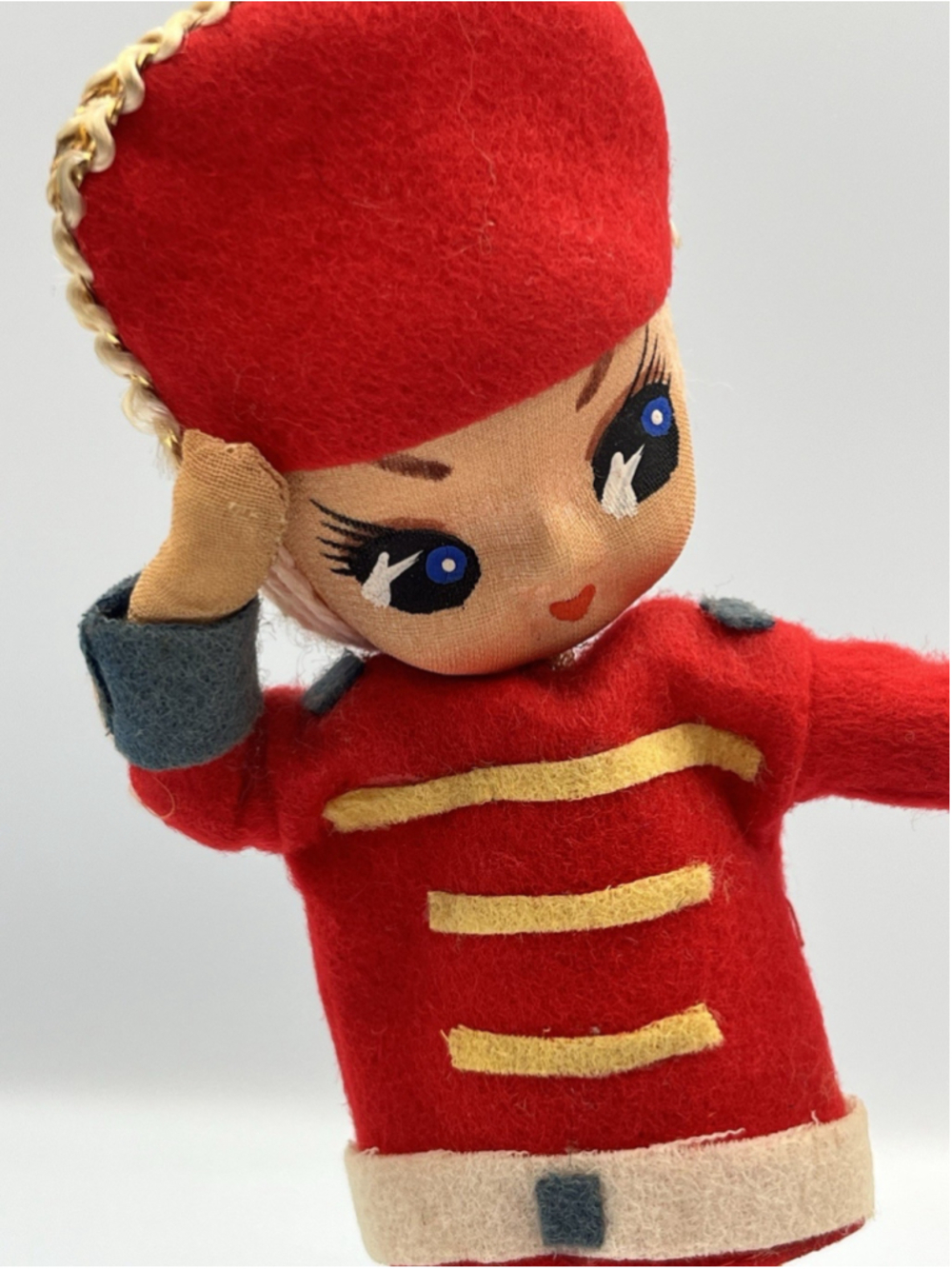 Vintage 1960’s Posable Doll SOLDIER 21CM Big Eyes On Wooden Stand Made In Japan